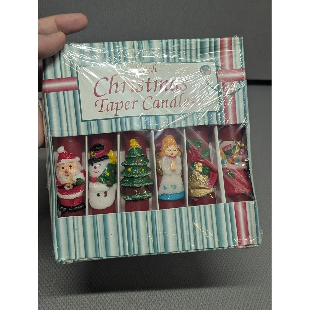Vintage Christmas Taper Candles Set of 6 Red Wax Santa Snowman Tree Angel 6 inch